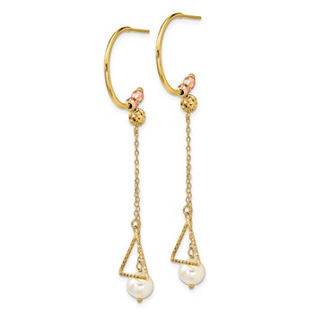 14K Two-tone Half Circle Diamond-cut 6mm FW Cultured Pearl Dangle Earrings — alternate view