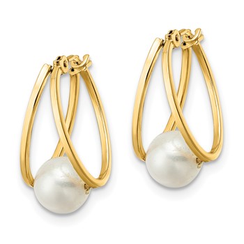 14k Polished 6-7mm Round White Freshwater Cultured Pearl Hoop Earrings — alternate view