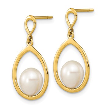 14k 6-7mm White Teardrop Freshwater Cultured Pearl Post Dangle Earrings — alternate view