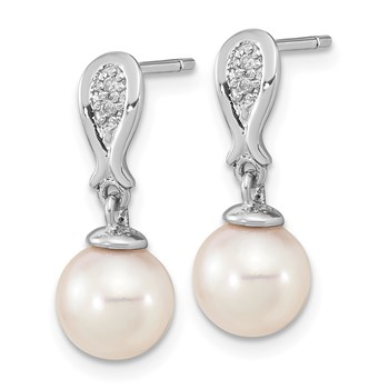 14k White Gold 7-8mm White Round Akoya Saltwater Cultured Pearl and .03 Carat Diamond Post Dangle Earrings — alternate view