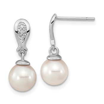 14k White Gold 7-8mm White Round Akoya Saltwater Cultured Pearl and .03 Carat Diamond Post Dangle Earrings