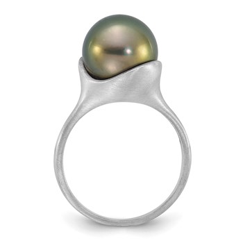 14k White Gold Brushed 10-11mm Round Black Tahitian Saltwater Cultured Pearl Ring — alternate view