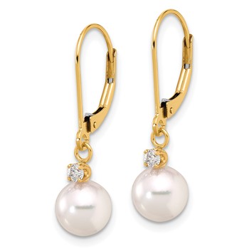 14k 7-8mm White Round Akoya Saltwater Cultured Pearl and .10 Carat Diamond Dangle Leverback Earrings — alternate view