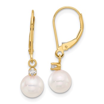 14k 7-8mm White Round Akoya Saltwater Cultured Pearl and .10 Carat Diamond Dangle Leverback Earrings