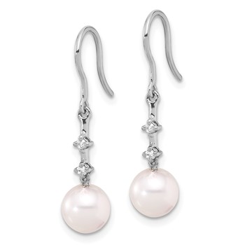 14k White Gold 7-8mm White Round Akoya Saltwater Cultured Pearl and .04 Carat Diamond Shepherd Hook Dangle Earrings — alternate view