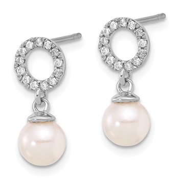 14k White Gold 6-7mm White Round Akoya Saltwater Cultured Pearl and .20 Carat Diamond Post Dangle Earrings — alternate view