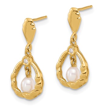 14K 3-4mm Teardrop White FWC Pearl and .02ct Dia Post Dangle Earrings — alternate view