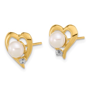 14K 5-6mm Button White FWC Pearl .02ct Diamond Heart Post Earrings — alternate view