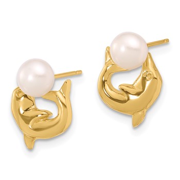 14k 5-6mm White Button Freshwater Cultured Pearl Dolphin Post Earrings — alternate view