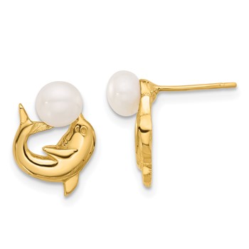 14k 5-6mm White Button Freshwater Cultured Pearl Dolphin Post Earrings