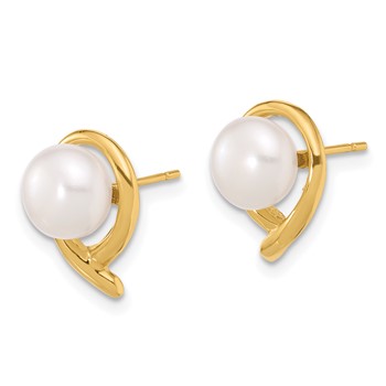 14K 7-8mm Button White Freshwater Cultured Pearl Post Earrings — alternate view