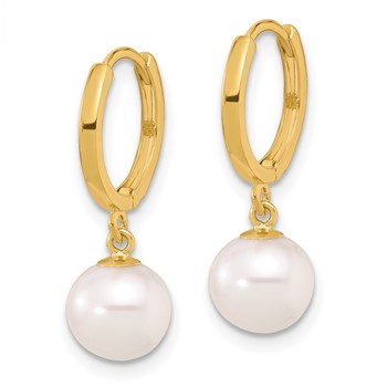 14k 7-8mm White Round Freshwater Cultured Pearl Dangle Hinged Hoop Earrings — alternate view