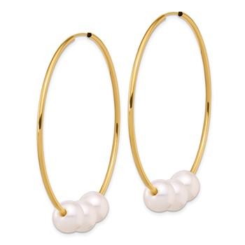 14K 8-9mm White Round Freshwater Cultured 3-Pearl Endless Hoop Earrings — alternate view