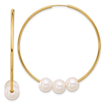 14K 8-9mm White Round Freshwater Cultured 3-Pearl Endless Hoop Earrings