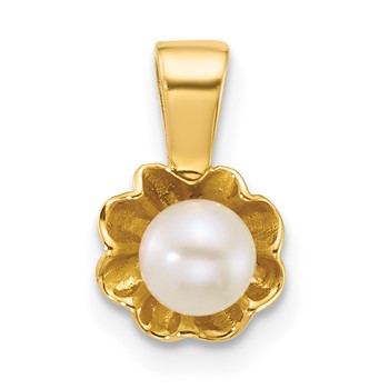 14k Polished 4-5mm Button White Freshwater Cultured Pearl Flower Pendant