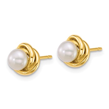 14k Polished 4-5mm Button White Freshwater Cultured Pearl Love Knot Post Earrings — alternate view