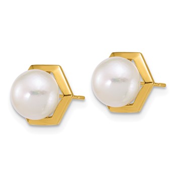 14k Polished 7-8mm Button White Freshwater Cultured Pearl Hexagon Post Earrings — alternate view