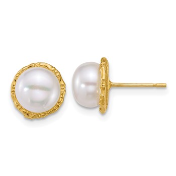 14k Polished and Textured 7-8mm Button White Freshwater Cultured Pearl Post Earrings