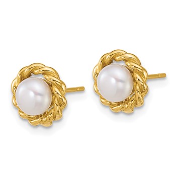 14k Polished 5-6mm Button White Freshwater Cultured Pearl Twisted Edge Post Earrings — alternate view