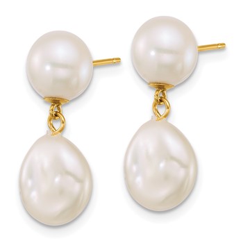 14k Polished 7-10mm Button and Baroque White Freshwater Cultured Pearl Dangle Post Earrings — alternate view