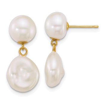 14k Polished 7-10mm Button and Baroque White Freshwater Cultured Pearl Dangle Post Earrings