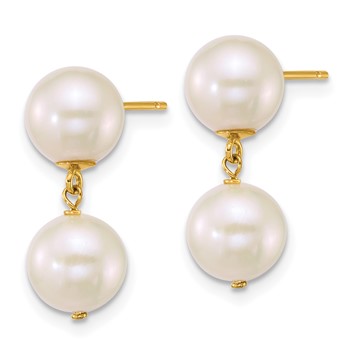 14k Polished 7-8mm Round White Freshwater Cultured 2-Pearl Dangle Post Earrings — alternate view