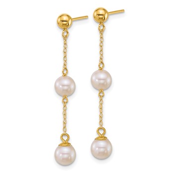 14k Polished 5-6mm Round White Freshwater Cultured 2-Pearl and Chain Dangle Post Earrings — alternate view
