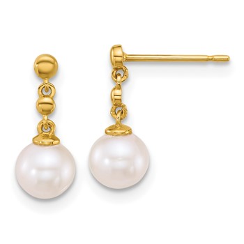 14k Polished 6-7mm White Round Freshwater Cultured Pearl Dangle Post Earrings