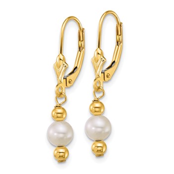 14k Polished 5-6mm Round White Freshwater Cultured Pearl and Bead Dangle Leverback Earrings — alternate view