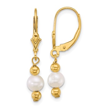 14k Polished 5-6mm Round White Freshwater Cultured Pearl and Bead Dangle Leverback Earrings