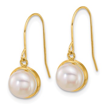 14k Polished 6-7mm Button White Freshwater Cultured Pearl Dangle Shepherd Hook Earrings — alternate view