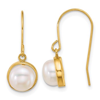 14k Polished 6-7mm Button White Freshwater Cultured Pearl Dangle Shepherd Hook Earrings