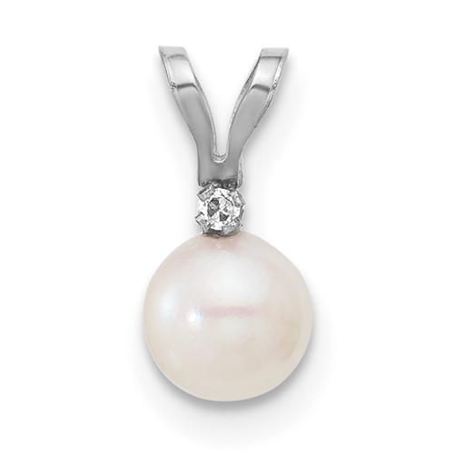14kw 5-6mm White Round Saltwater Akoya Cultured Pearl Diamond Pendant