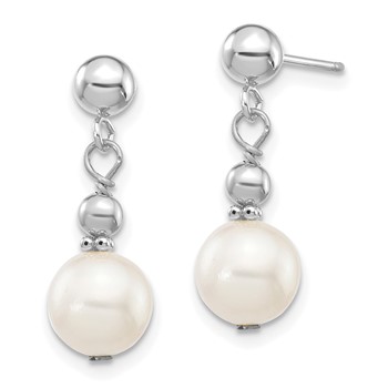 14k White Gold 7-8mm White Semi-round Freshwater Cultured Pearl Post Dangle Earrings — alternate view