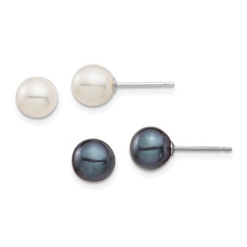 14k White Gold 6-7mm Black and White Round Freshwater Cultured Pearl 2 Pair Stud Post Earrings Set