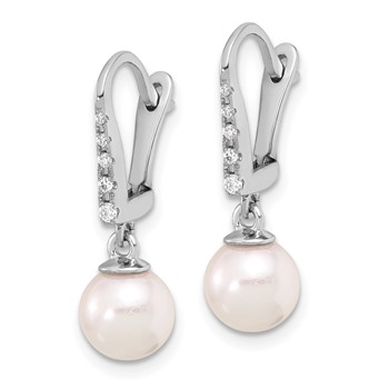 14k White Gold 6-7mm White Round Akoya Saltwater Cultured Pearl and .085 Carat Diamond Dangle Earrings — alternate view