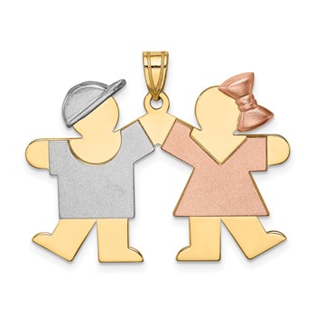 14k Tri-color The Kids Medium Boy on Left and Girl on Right Engravable Kiss Charm