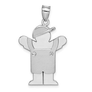 14k White Gold The Kids Medium Boy in Overalls with Hat on Left AAA Diamond Love Charm