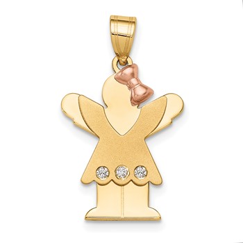 14k Two-tone The Kids Small Girl with Ruffles and Bow on Right AA Diamond Love Pendant