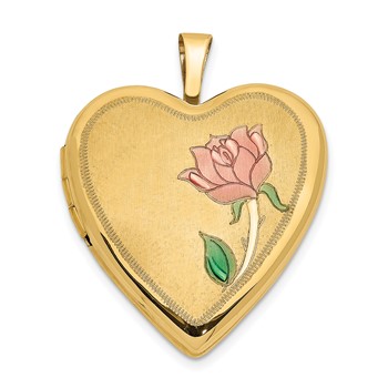 14K Pink and Green Enamel Rose 20mm Heart Locket