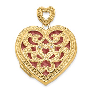 14k Diamond Vintage Filigree with Pink Fabric Interior 24mm Heart Locket