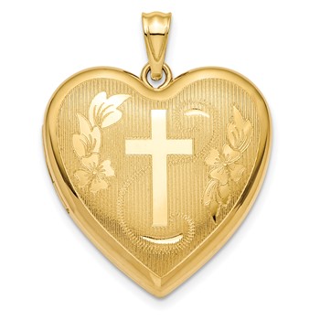 14k Textured and Diamond-cut Floral Cross Ash Holder 24mm Heart Locket
