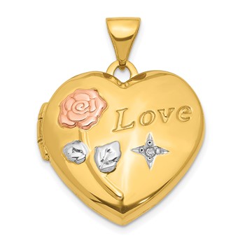 14K with White and Rose Rhodium LOVE Rose and Diamond Star 19mm Heart Locket