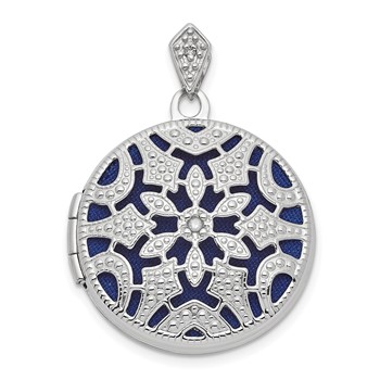 14k White Gold  .01ct Diamond Vintage Filigree with Blue Fabric Interior 20mm Round Locket