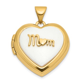 14K Polished White Agate MOM Script 18mm Heart Locket