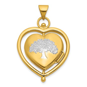 14k and White Rhodium Tree of  Life and Flowers in Spinning Frame Reversible 15mm Heart Locket