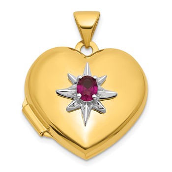 14k and White Rhodium Starburst and Round Lab Created Ruby 18mm Heart Locket