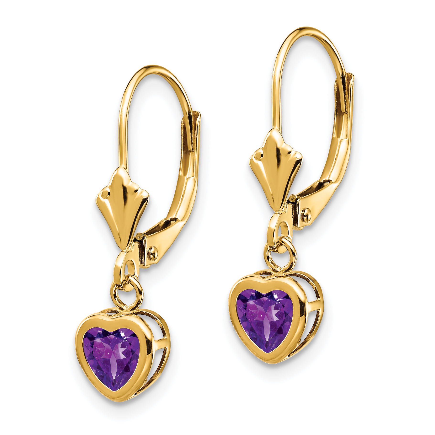 Amethyst 5mm Heart Bezel Leverback Dangle Earrings 14k Yellow Gold 23x6mm detailed image 2