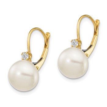 14k 10-11mm White Button Freshwater Cultured Pearl and .10 Carat Diamond Leverback Earrings — alternate view