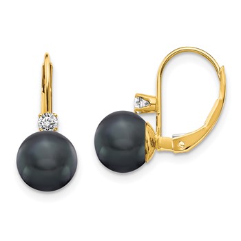 14k 7mm Black FW Cultured Pearl VS Diamond Leverback Earring